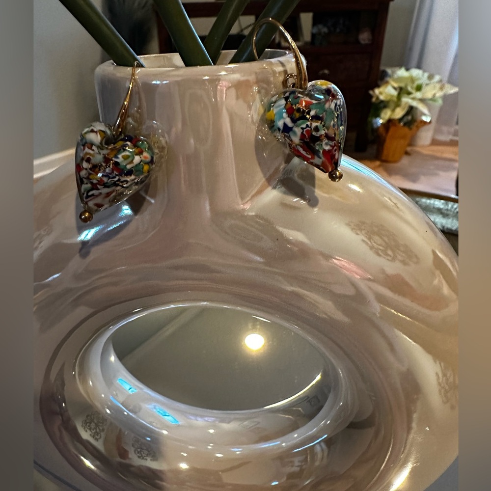 Never worn Murano glass heart earringsg in dazzling colors